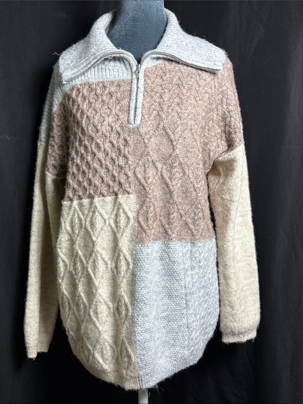 Westbound Oversized Colorblock Cable Knit Quarter Zip Sweater Size M
